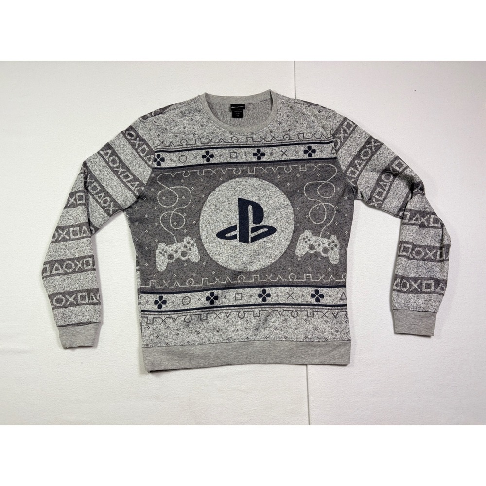 PlayStation Mens Gray Fair Isle Controller Graphic Crewneck Sweatshirt Large